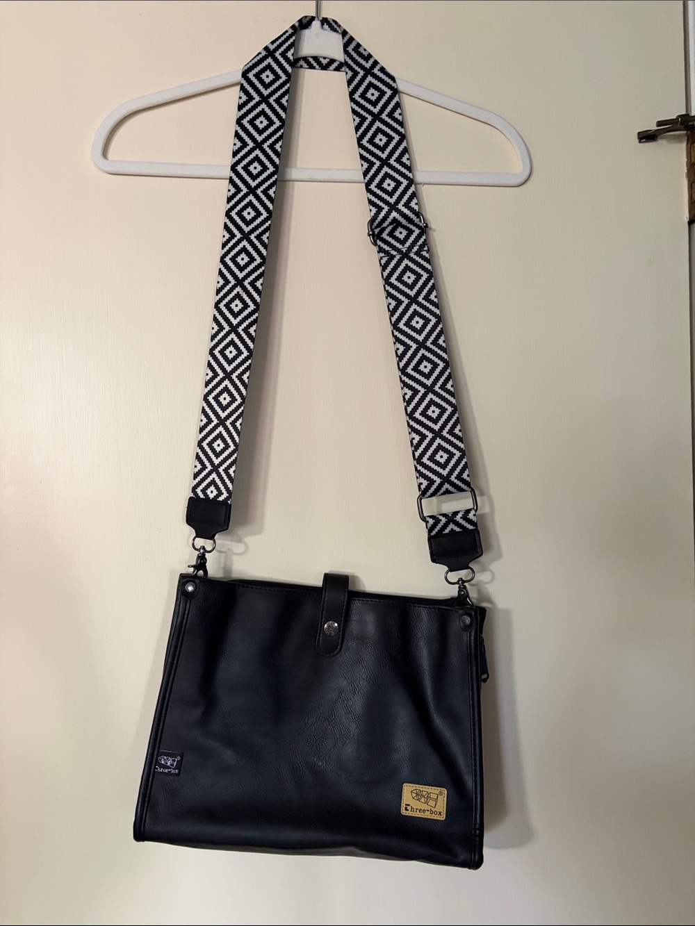 Three Box vegan leather Black Crossbody Bag with Patterned Adjustable Strap